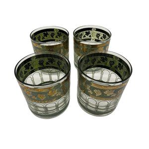 Vintage Cera 'Golden Grapes' Green Rocks Glasses 22-Karat Gold Old Fashioned MCM